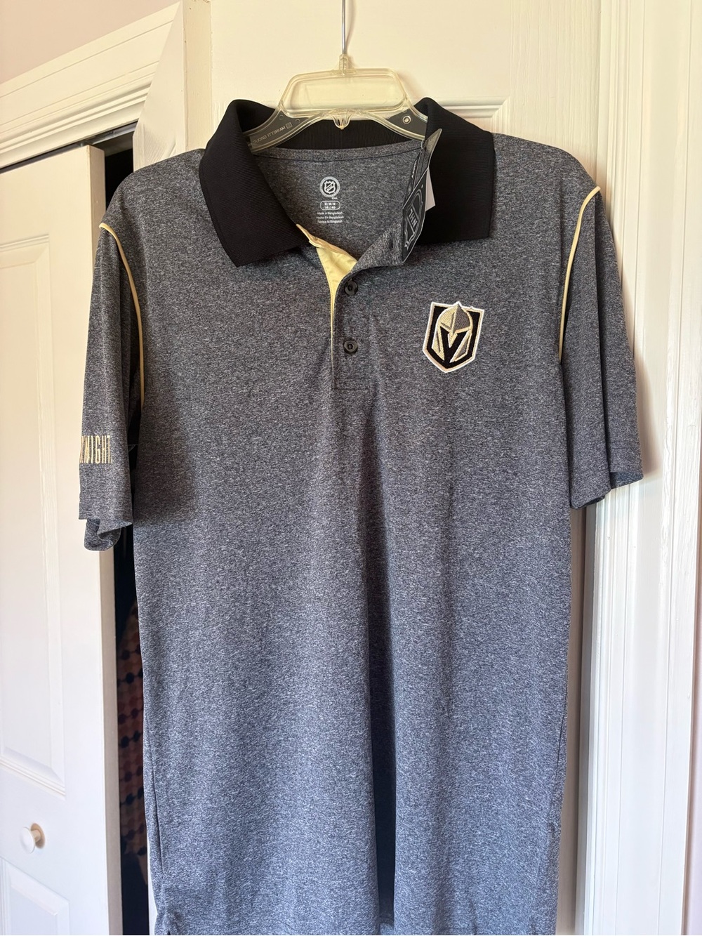 NHL Men's Gray Polo with Black Collar and Gold Trim